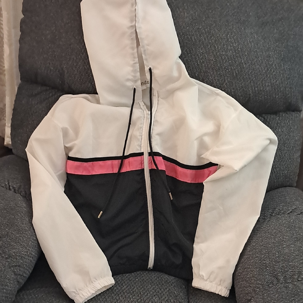 White and Black Hooded Jacket with Pink Stripe